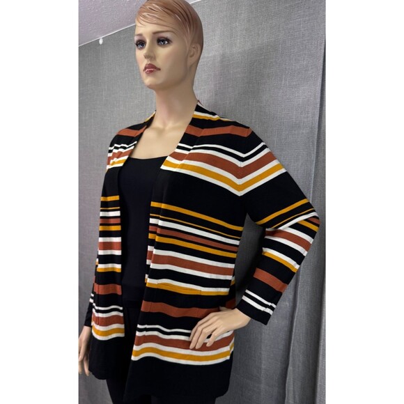 Ruby Rd. Woman Size 1X Open Cardigan Black Brown Yellow Stripe Pockets - Picture 3 of 11